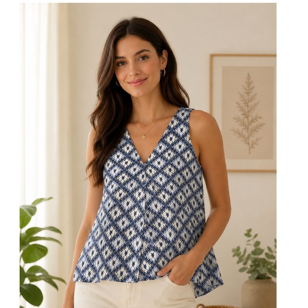 Calvin Klein Blue‎ White Geometric Diamond Ikat V-Neck Sleeveless Blouse XL